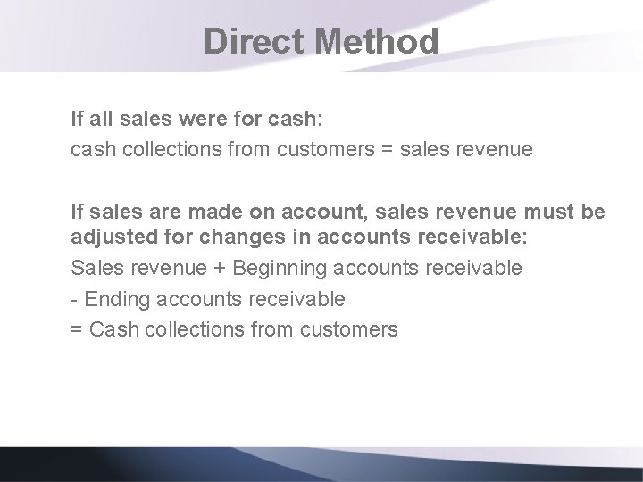 Direct Method If all sales were for cash: cash collections from customers = sales Direct Method If all sales were for cash: cash collections from customers = sales