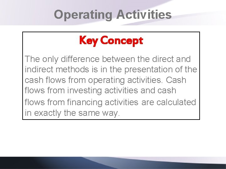 Operating Activities Key Concept The only difference between the direct and indirect methods is Operating Activities Key Concept The only difference between the direct and indirect methods is