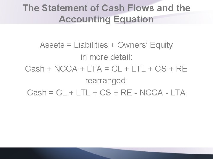 The Statement of Cash Flows and the Accounting Equation Assets = Liabilities + Owners’ The Statement of Cash Flows and the Accounting Equation Assets = Liabilities + Owners’