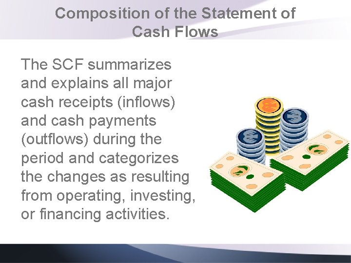 Composition of the Statement of Cash Flows The SCF summarizes and explains all major Composition of the Statement of Cash Flows The SCF summarizes and explains all major
