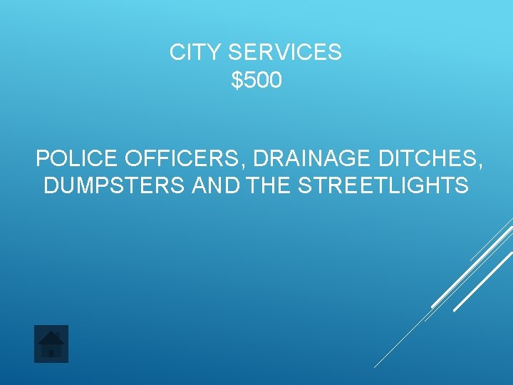 CITY SERVICES $500 POLICE OFFICERS, DRAINAGE DITCHES, DUMPSTERS AND THE STREETLIGHTS 