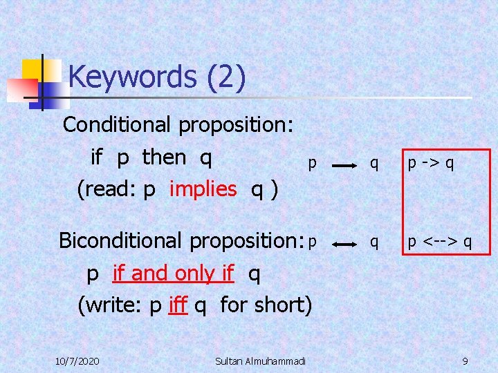 Keywords (2) Conditional proposition: if p then q (read: p implies q ) p