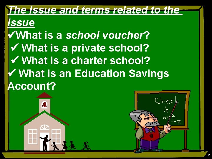 The Issue and terms related to the Issue What is a school voucher? What