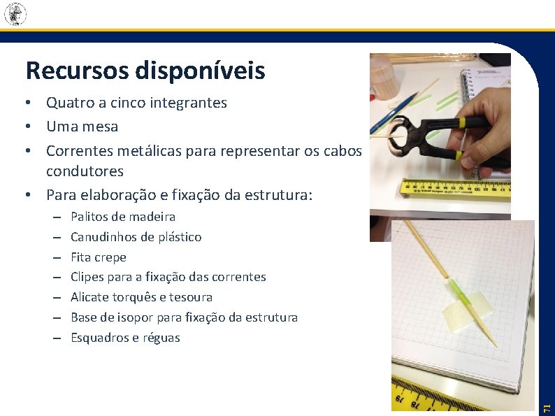 Recursos disponíveis • Quatro a cinco integrantes • Uma mesa • Correntes metálicas para
