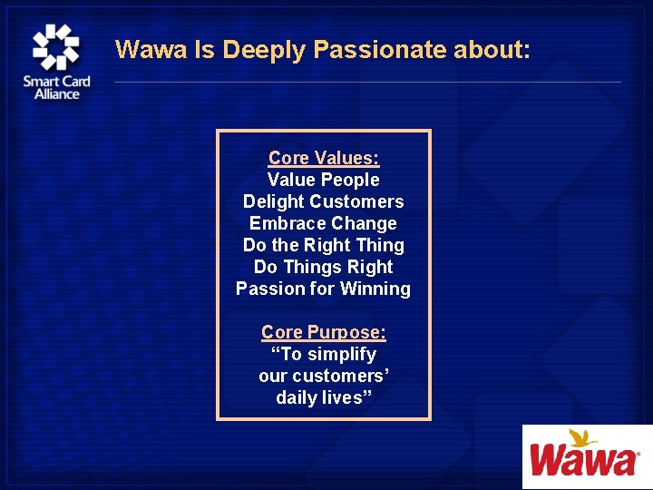 Wawa Is Deeply Passionate about: Core Values: Value People Delight Customers Embrace Change Do