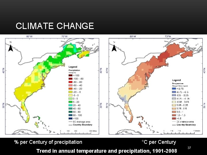 CLIMATE CHANGE % per Century of precipitation °C per Century Trend in annual temperature