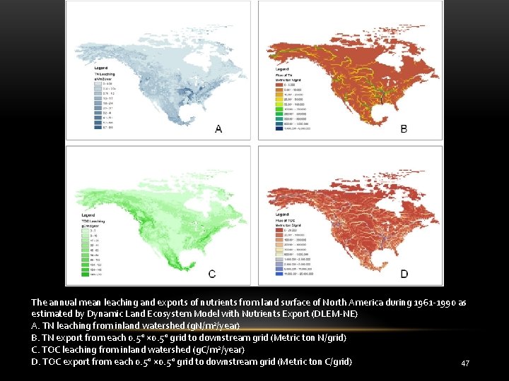 The annual mean leaching and exports of nutrients from land surface of North America