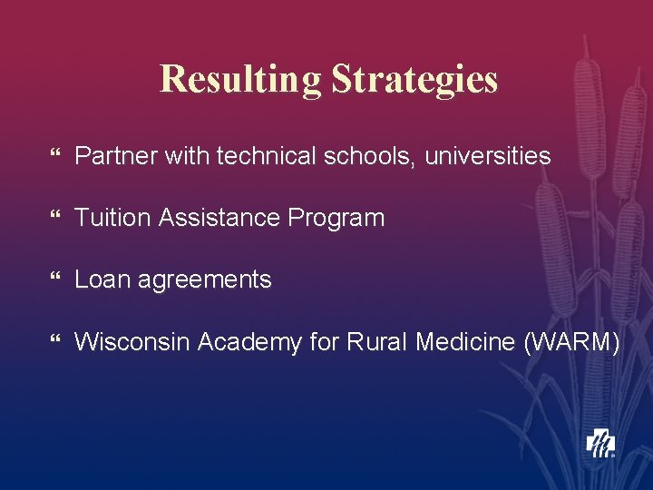 Resulting Strategies } Partner with technical schools, universities } Tuition Assistance Program } Loan