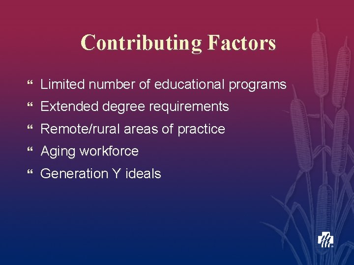 Contributing Factors } Limited number of educational programs } Extended degree requirements } Remote/rural