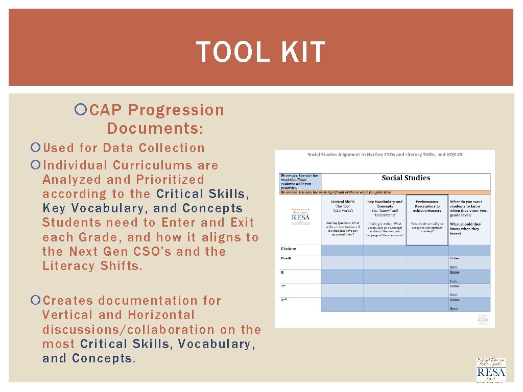 TOOL KIT CAP Progression Documents: Used for Data Collection Individual Curriculums are Analyzed and