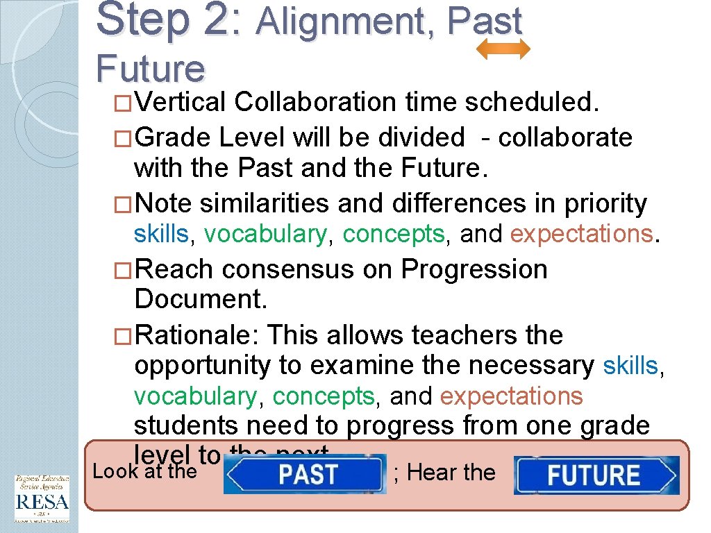 Step 2: Alignment, Past Future �Vertical Collaboration time scheduled. �Grade Level will be divided