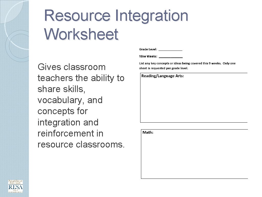 Resource Integration Worksheet Gives classroom teachers the ability to share skills, vocabulary, and concepts