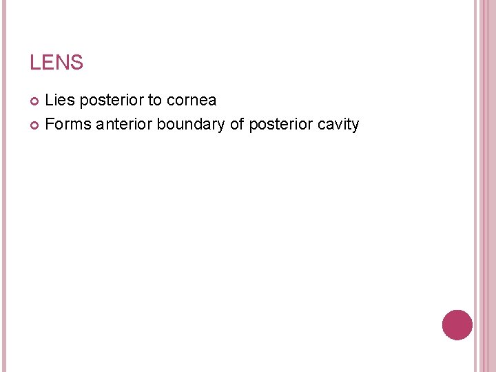 LENS Lies posterior to cornea Forms anterior boundary of posterior cavity 