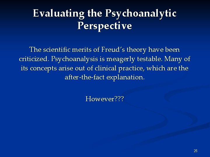 Evaluating the Psychoanalytic Perspective The scientific merits of Freud’s theory have been criticized. Psychoanalysis Evaluating the Psychoanalytic Perspective The scientific merits of Freud’s theory have been criticized. Psychoanalysis