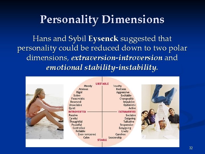 Personality Dimensions Hans and Sybil Eysenck suggested that personality could be reduced down to Personality Dimensions Hans and Sybil Eysenck suggested that personality could be reduced down to