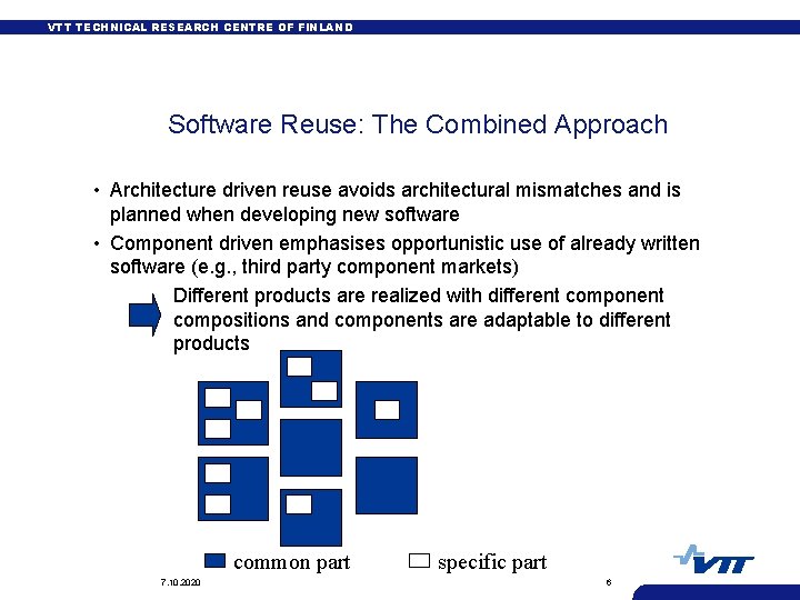 VTT TECHNICAL RESEARCH CENTRE OF FINLAND Software Reuse: The Combined Approach • Architecture driven