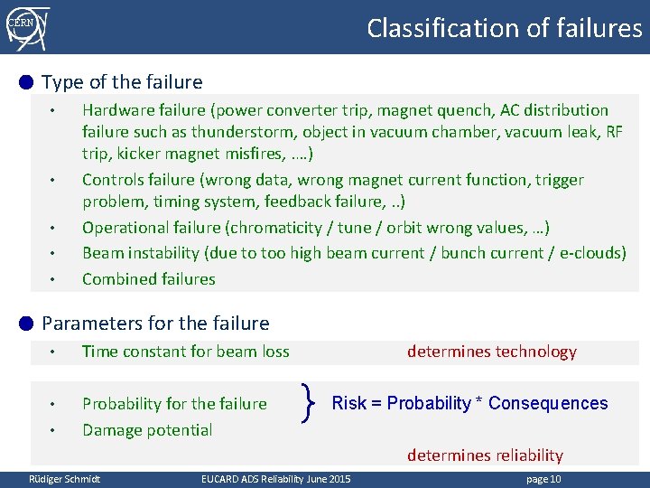 Classification of failures CERN ● Type of the failure • • • ● Hardware