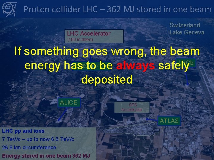 CERN Proton collider LHC – 362 MJ stored in one beam Switzerland Lake Geneva