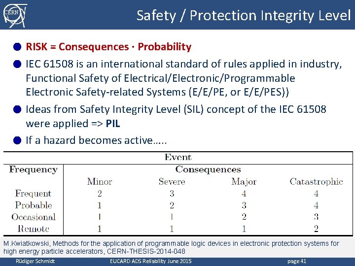 CERN Safety / Protection Integrity Level RISK = Consequences ∙ Probability ● IEC 61508