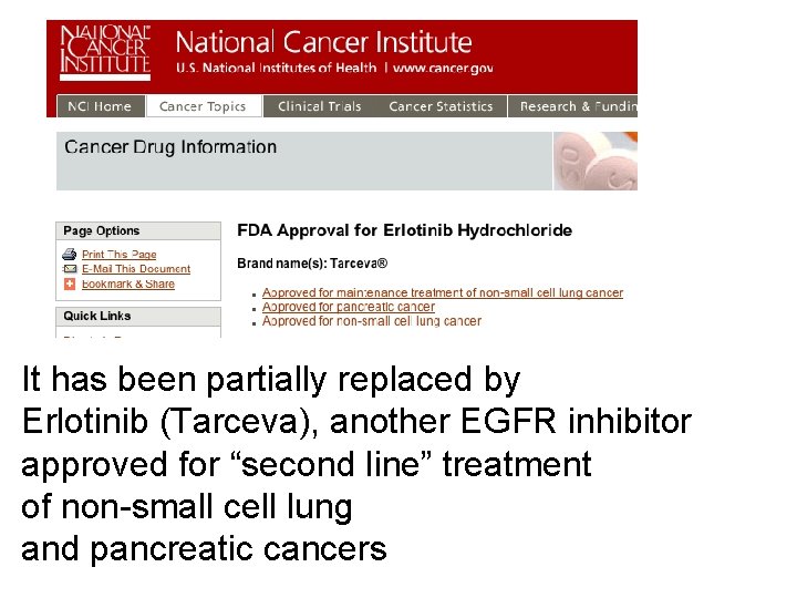 It has been partially replaced by Erlotinib (Tarceva), another EGFR inhibitor approved for “second