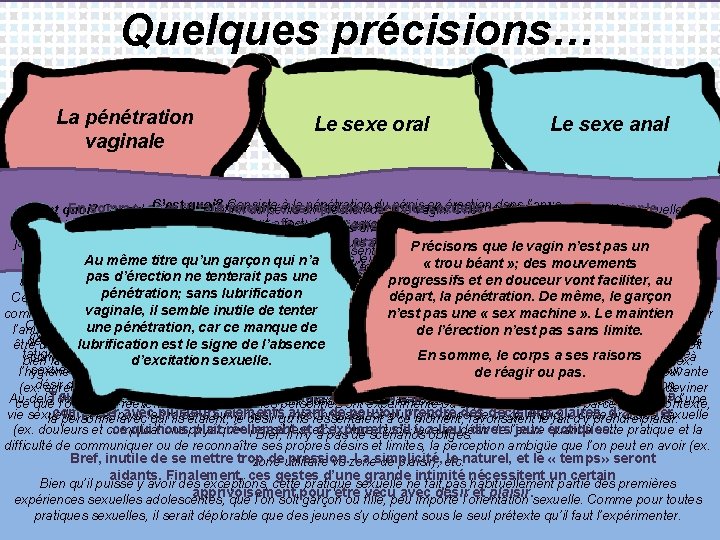 Quelques précisions… La pénétration vaginale Le sexe oral Le sexe anal C’est quoi? Consiste