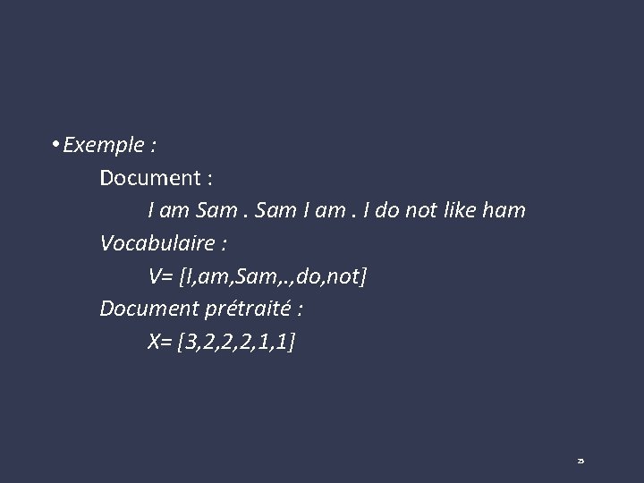  • Exemple : Document : I am Sam I am. I do not