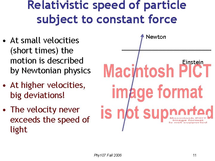 Relativistic speed of particle subject to constant force Newton • At small velocities (short