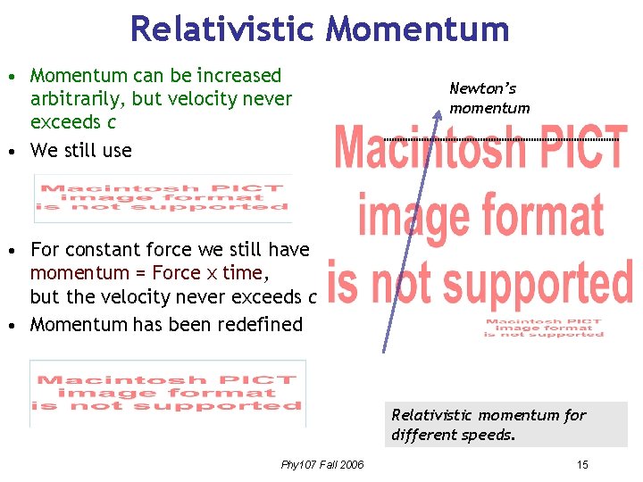Relativistic Momentum • Momentum can be increased arbitrarily, but velocity never exceeds c • Relativistic Momentum • Momentum can be increased arbitrarily, but velocity never exceeds c •