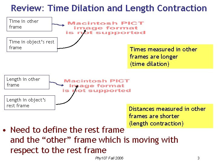 Review: Time Dilation and Length Contraction Time in other frame Time in object’s rest