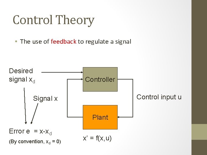 Control Theory • The use of feedback to regulate a signal Desired signal xd