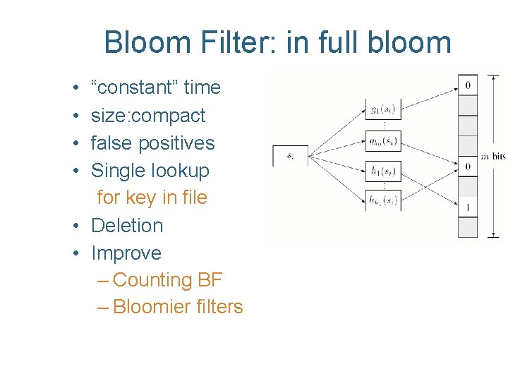 Bloom Filter: in full bloom • • “constant” time size: compact false positives Single