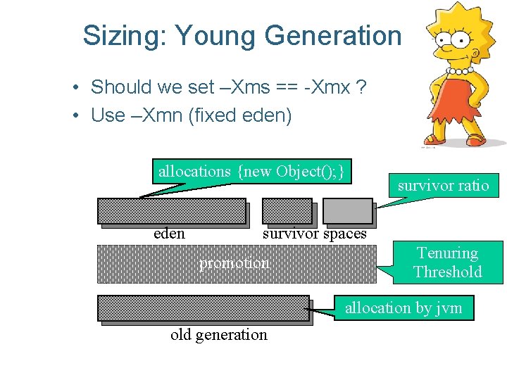 Sizing: Young Generation • Should we set –Xms == -Xmx ? • Use –Xmn