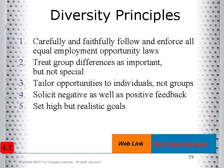 Diversity Principles 1. Carefully and faithfully follow and enforce all equal employment opportunity laws