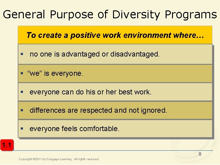 General Purpose of Diversity Programs To create a positive work environment where… § no