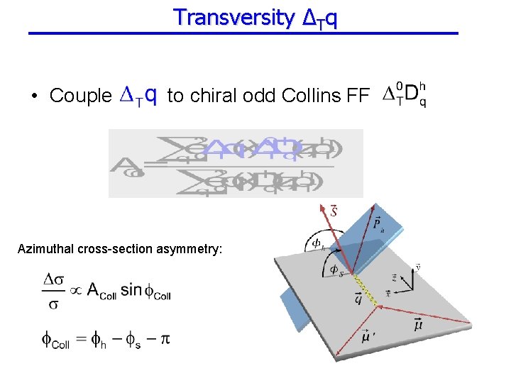 Transversity ΔTq • Couple to chiral odd Collins FF Azimuthal cross-section asymmetry: 