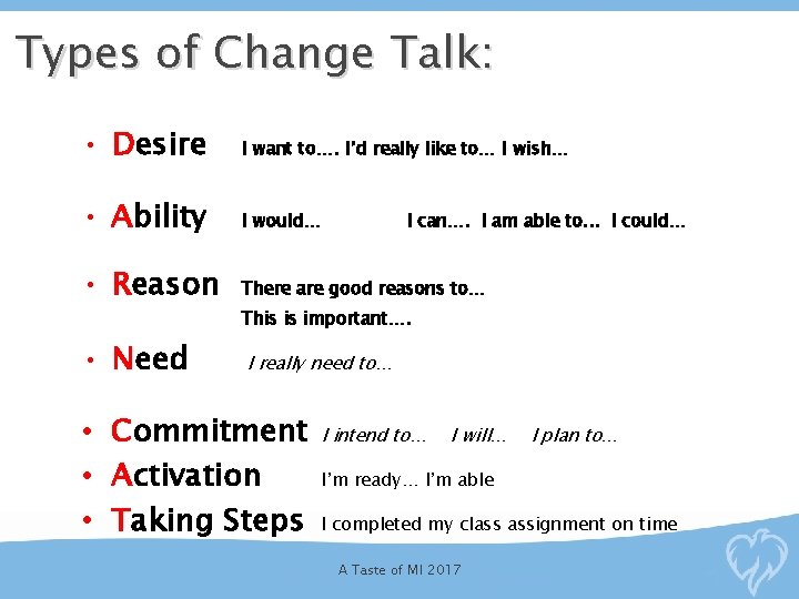 Types of Change Talk: • Desire I want to…. I’d really like to… I
