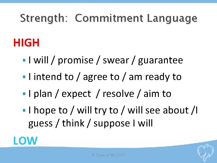 Strength: Commitment Language HIGH § I will / promise / swear / guarantee §