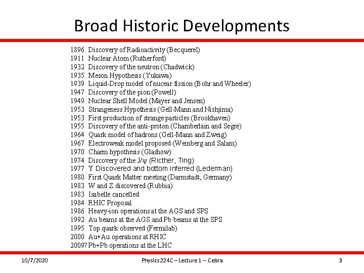 Broad Historic Developments 1896 Discovery of Radioactivity (Becquerel) 1911 Nuclear Atom (Rutherford) 1932 Discovery