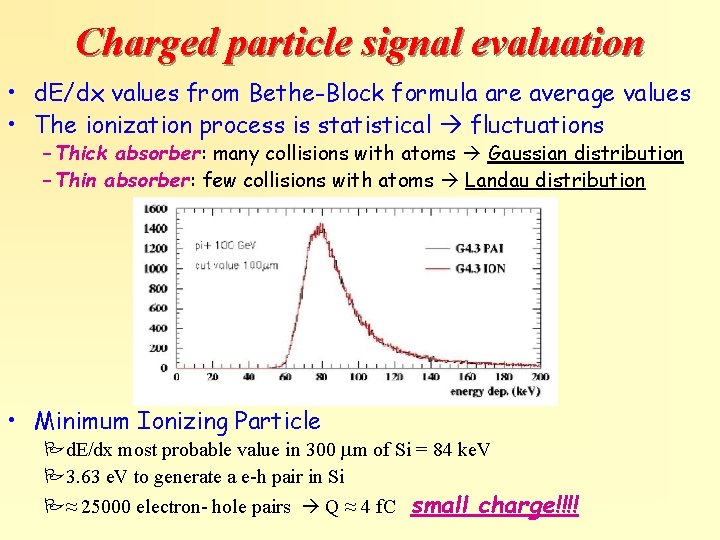 Charged particle signal evaluation • d. E/dx values from Bethe-Block formula are average values