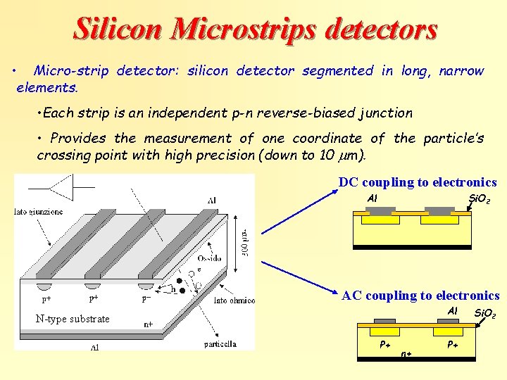 Silicon Microstrips detectors • Micro-strip detector: silicon detector segmented in long, narrow elements. •