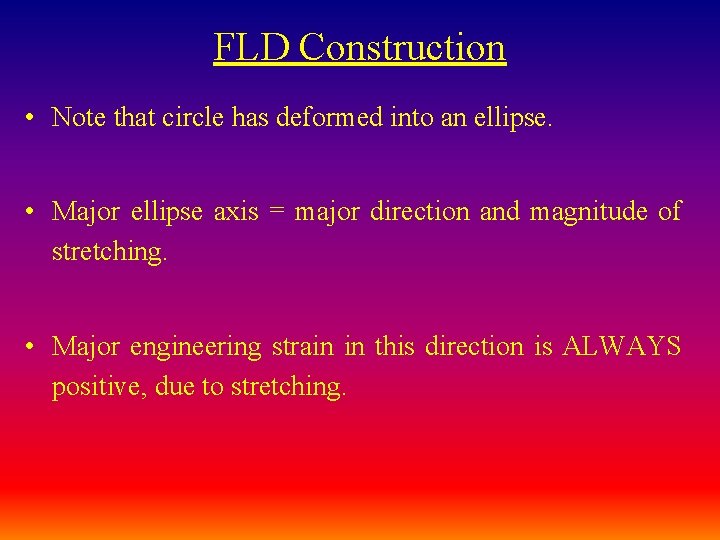 FLD Construction • Note that circle has deformed into an ellipse. • Major ellipse