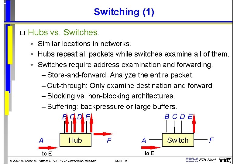 Switching (1) Hubs vs. Switches: • Similar locations in networks. • Hubs repeat all