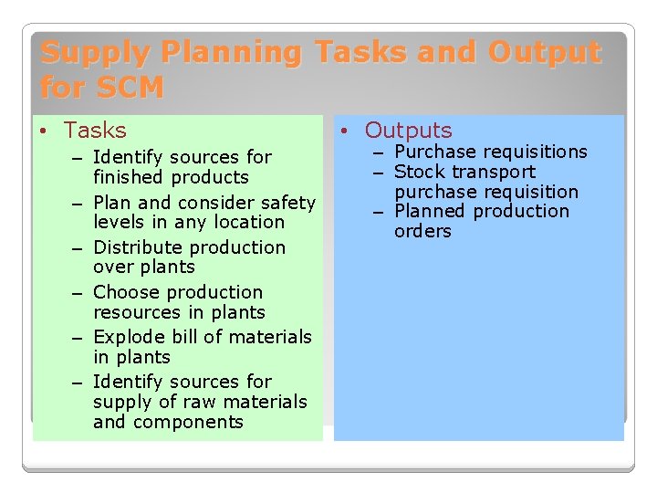 Supply Planning Tasks and Output for SCM • Tasks – Identify sources for finished