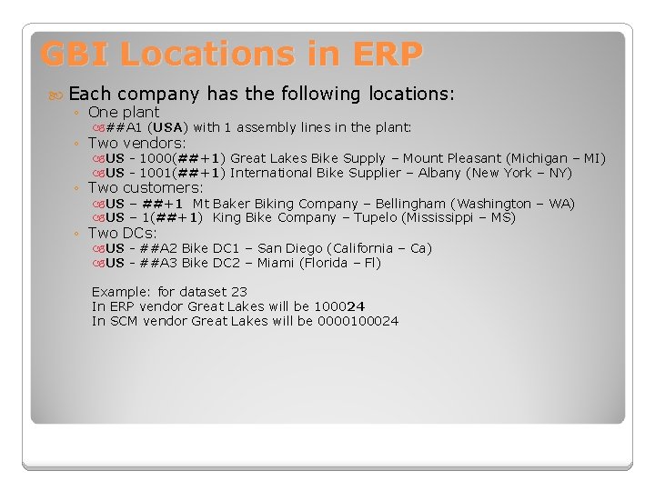 GBI Locations in ERP Each company ◦ One plant has the following locations: ##A