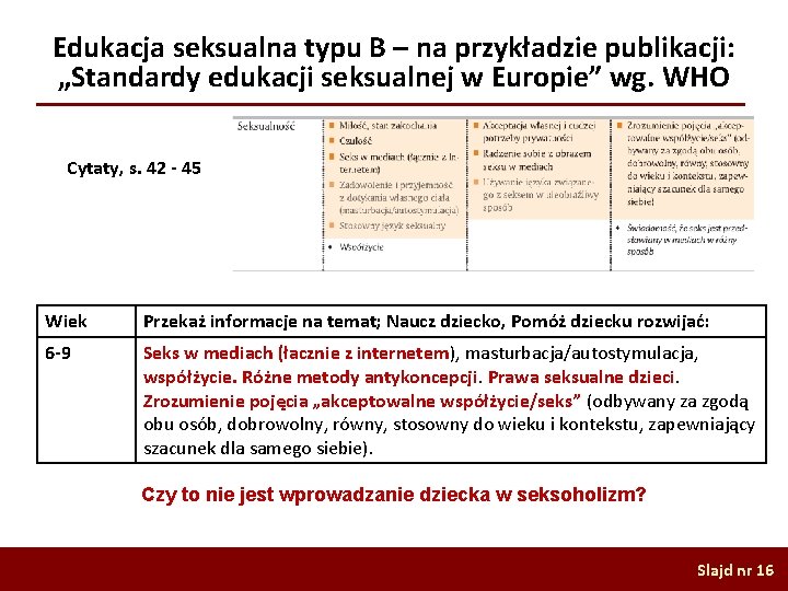 Edukacja seksualna typu B – na przykładzie publikacji: „Standardy edukacji seksualnej w Europie” wg.