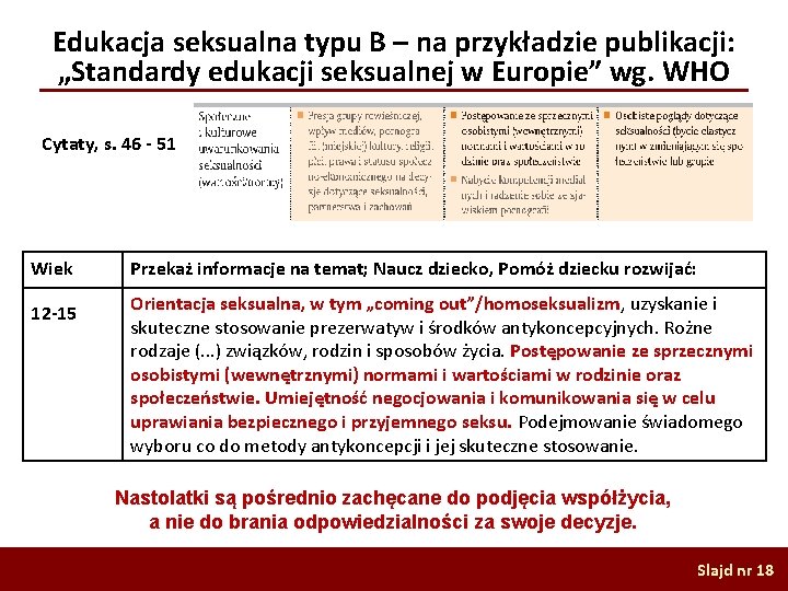 Edukacja seksualna typu B – na przykładzie publikacji: „Standardy edukacji seksualnej w Europie” wg.