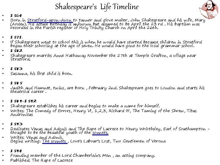 Shakespeare’s Life Timeline • • • • • • 1564 Born in Stratford-upon-Avon to Shakespeare’s Life Timeline • • • • • • 1564 Born in Stratford-upon-Avon to