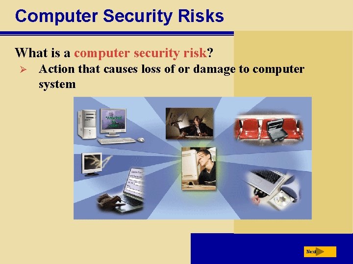 Computer Security Risks What is a computer security risk? Ø Action that causes loss