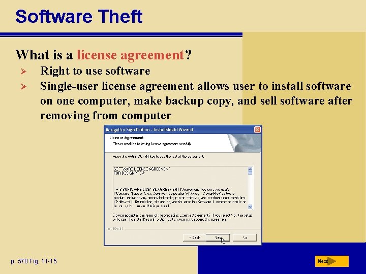 Software Theft What is a license agreement? Ø Ø Right to use software Single-user