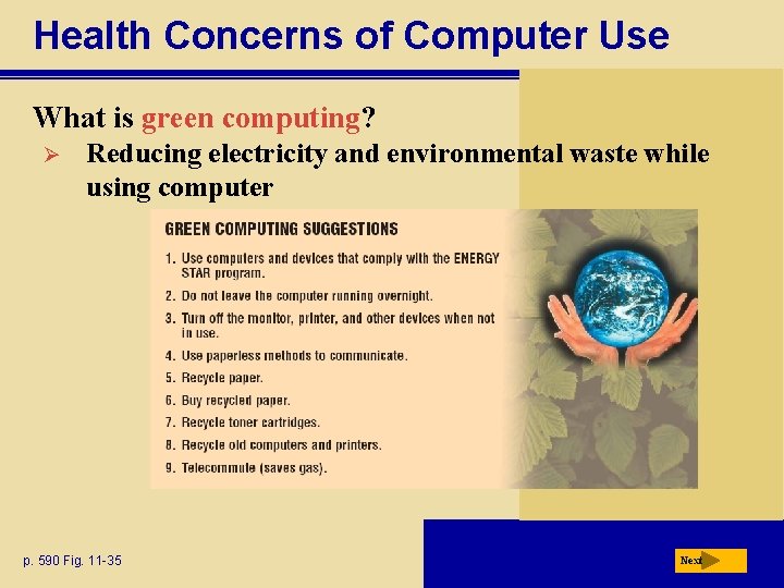 Health Concerns of Computer Use What is green computing? Ø Reducing electricity and environmental